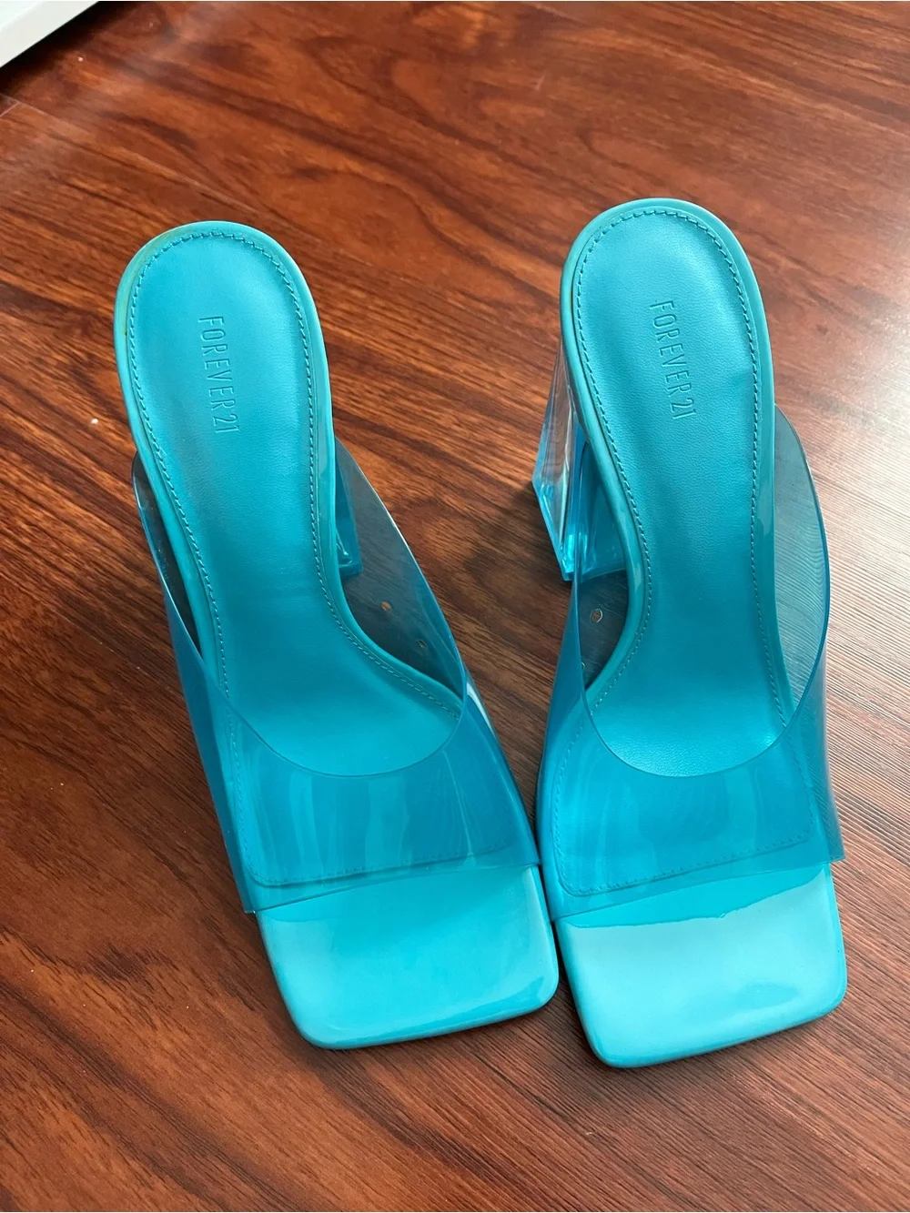 Forever 21 Turquoise Clear Block Heel Mules with Transparent Strap